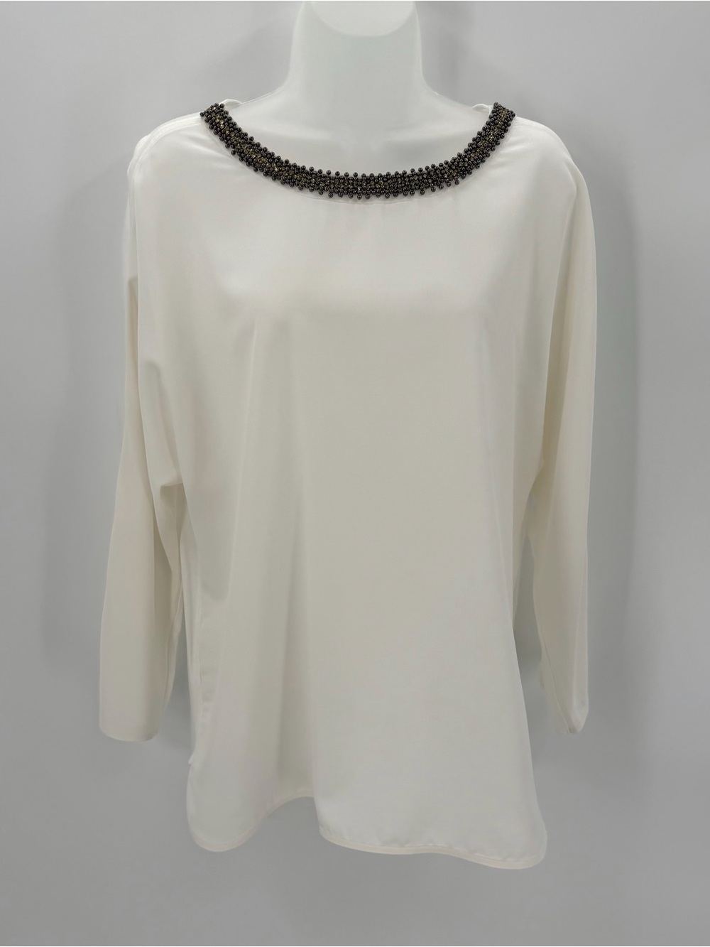 Ann Taylor Blouse Womens L Cream Beaded Neckline Dressy Top Elegant  - read